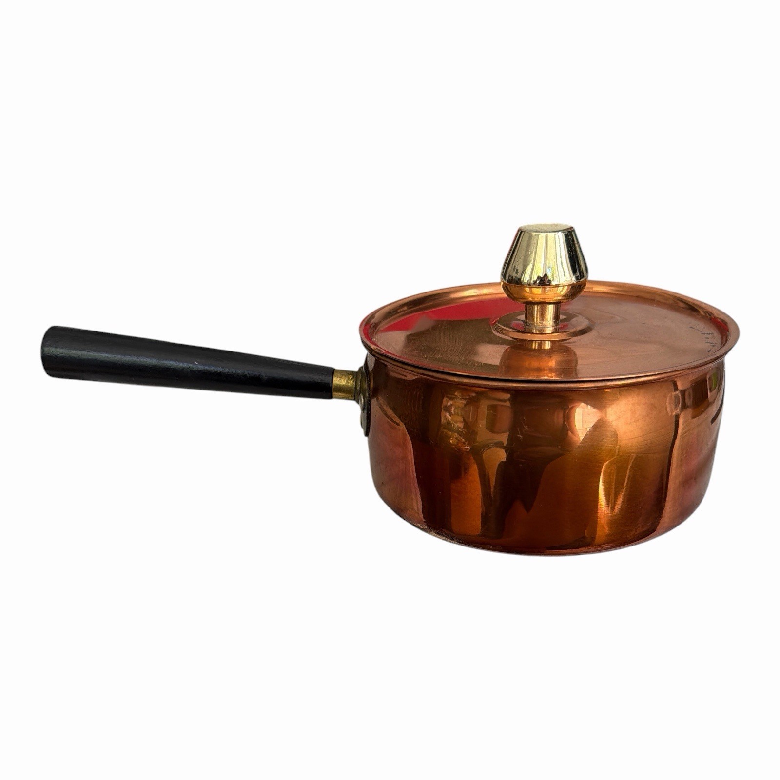 Vintage Copper Saucepan Pot With Lid Black Wood Handle Small Sauce Pot