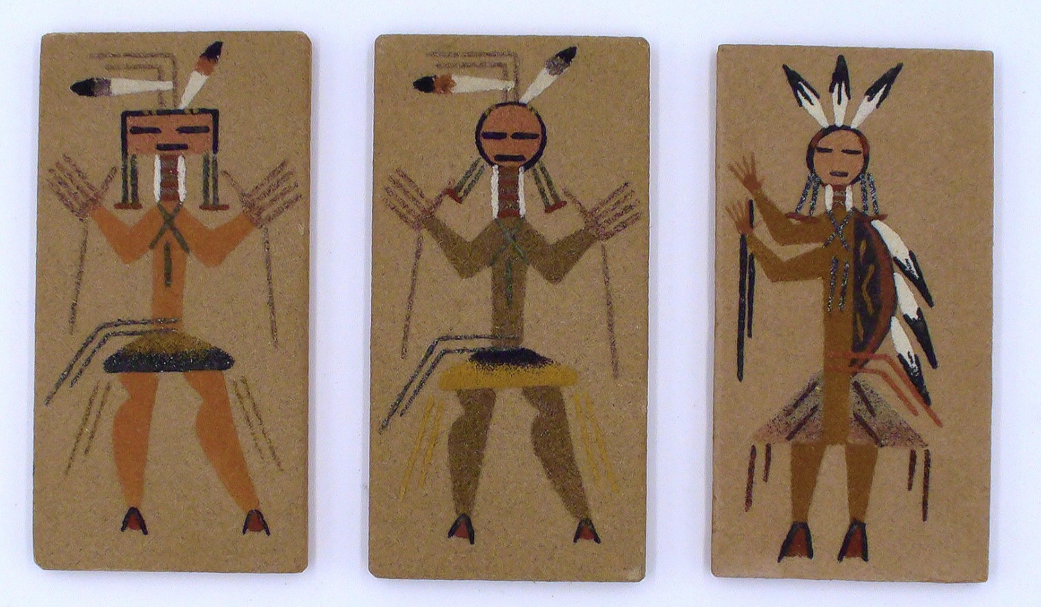Set of 3 Vintage Navajo Sand Paintings Plaque Hand-crafted Wood Backing 3\