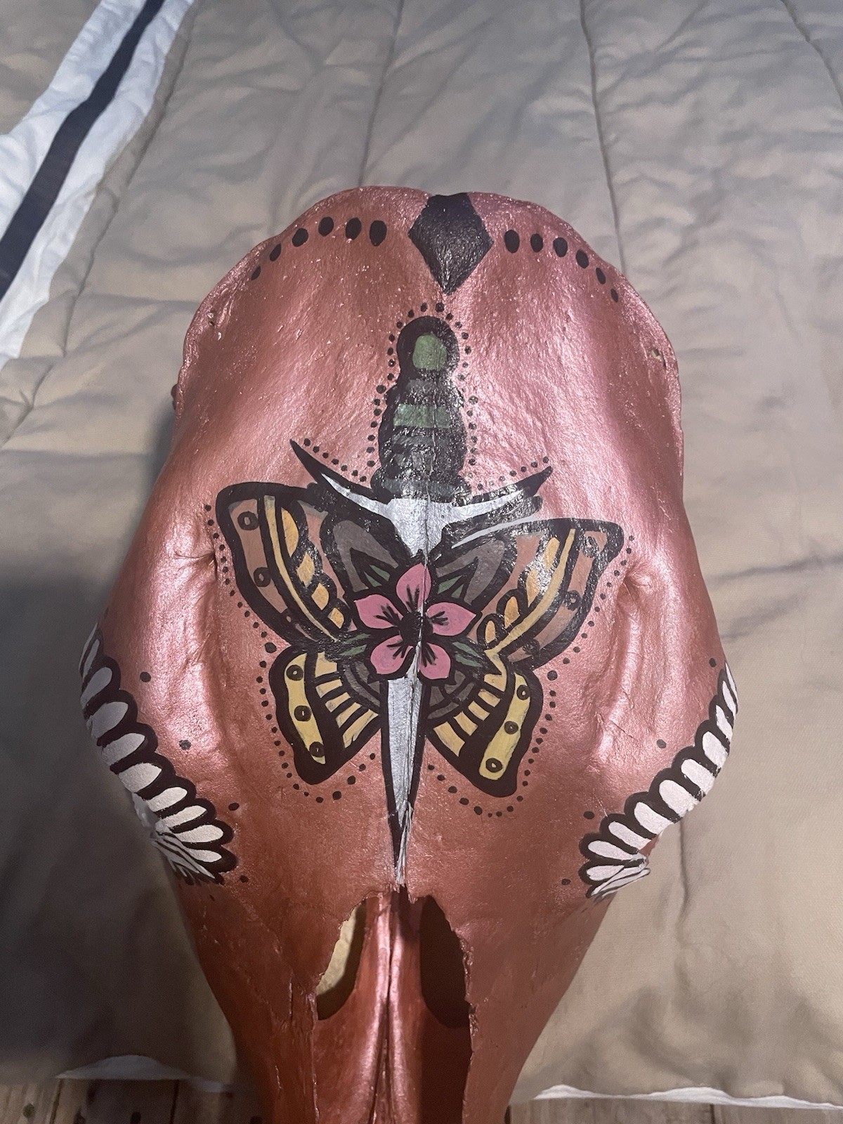 Hand Painted Cow Skull Butterfly Dagger Acrylic Metallic Paint