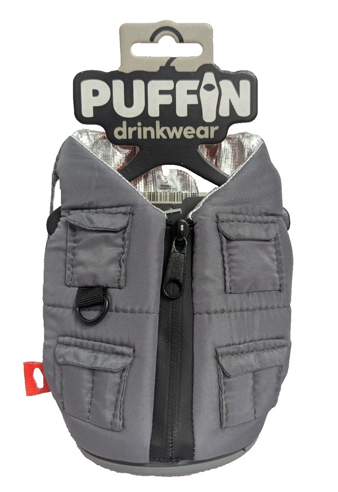 Puffin Drinkwear Adventurer Koozie Fishing Vest Gray Insulated Drink Holder NEW