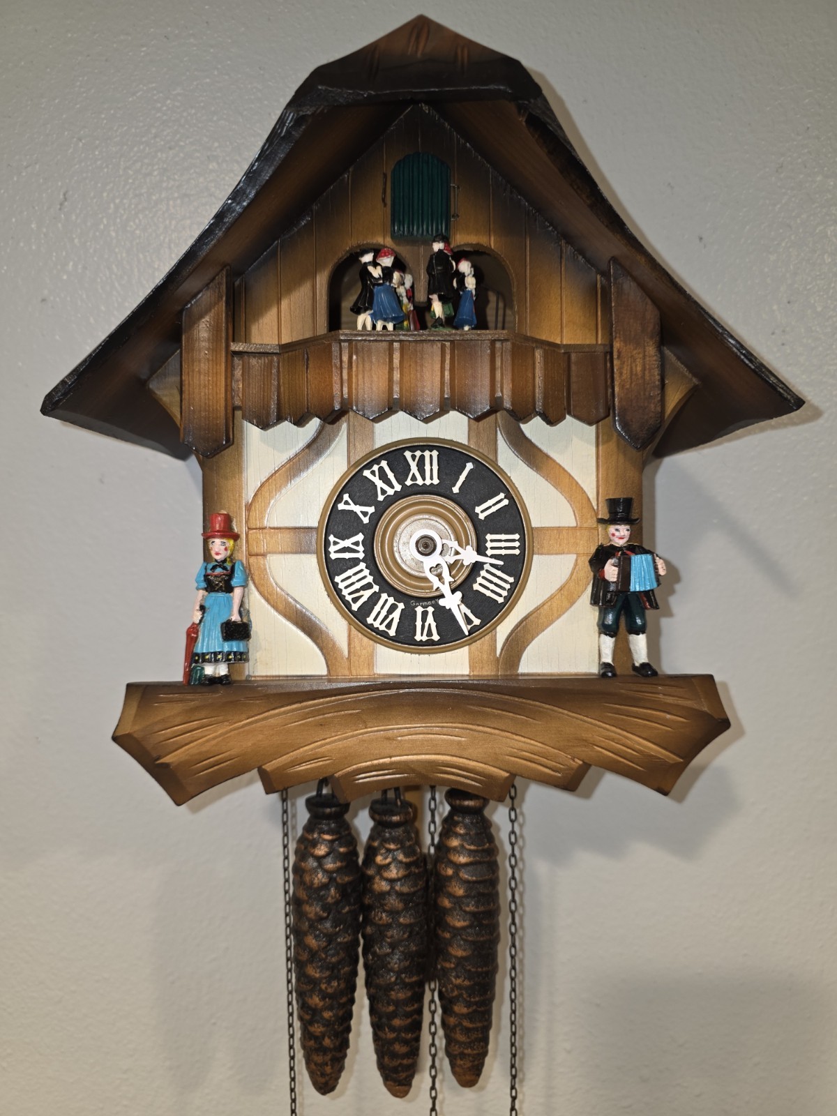 Fully Restored German Cuckoo Clock Swiss Chalet Musical Cuendet Dancing Figures