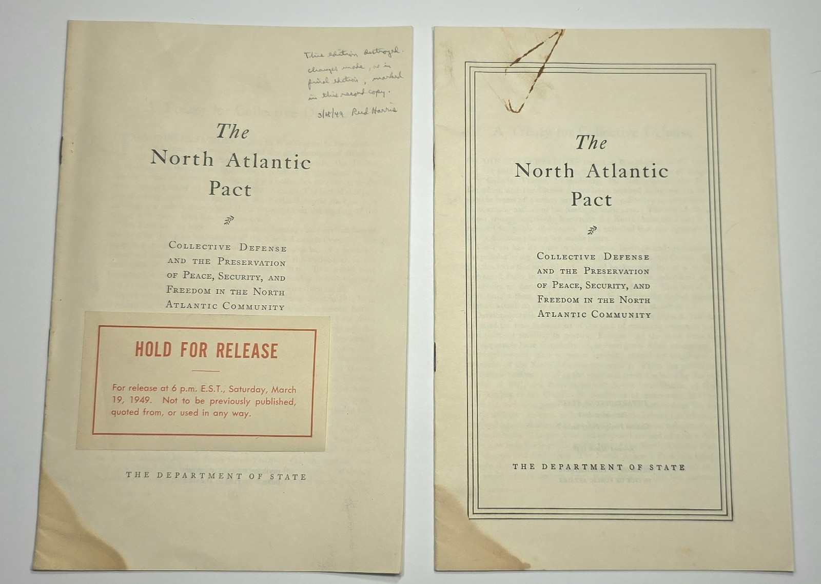 1949 NATO North Atlantic Pact RECORD COPY Annotated By Harris W/Final Edition 