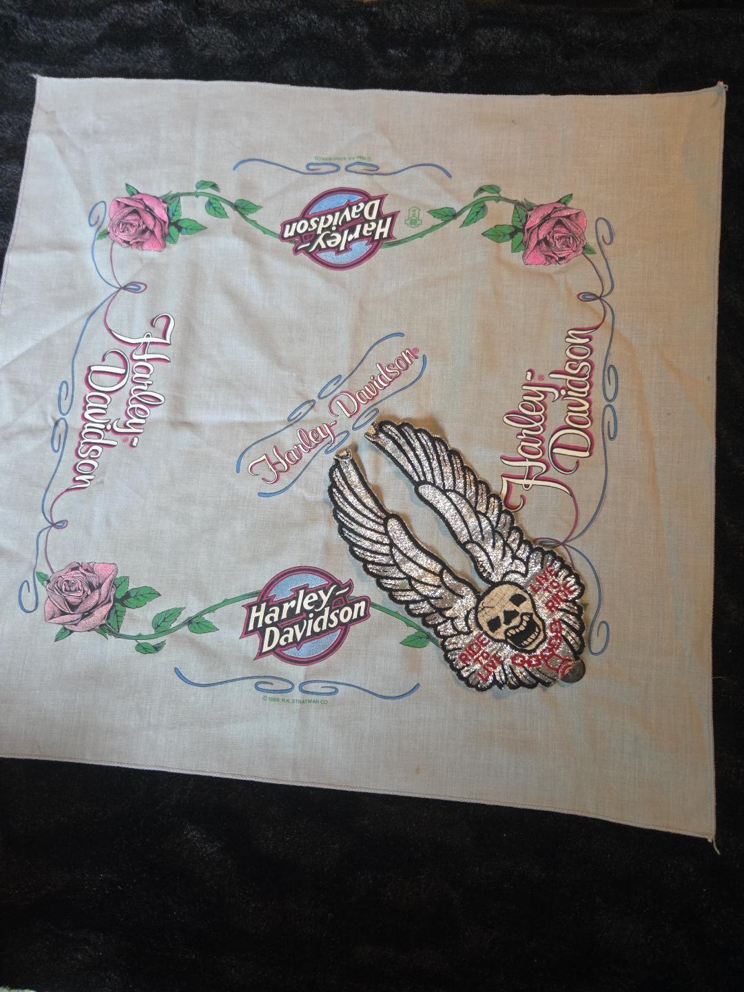 Vintage 1986 Harley Davidson Bandana Ride To Live Skull Patch R.K. Stratman