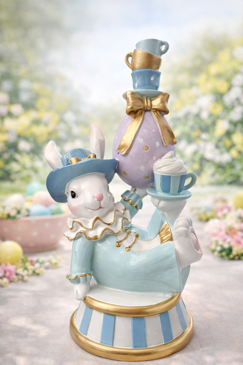 BRAND NEW Tophat & Tail Whimsical Bunny Balancing Teacups on Easter Egg
