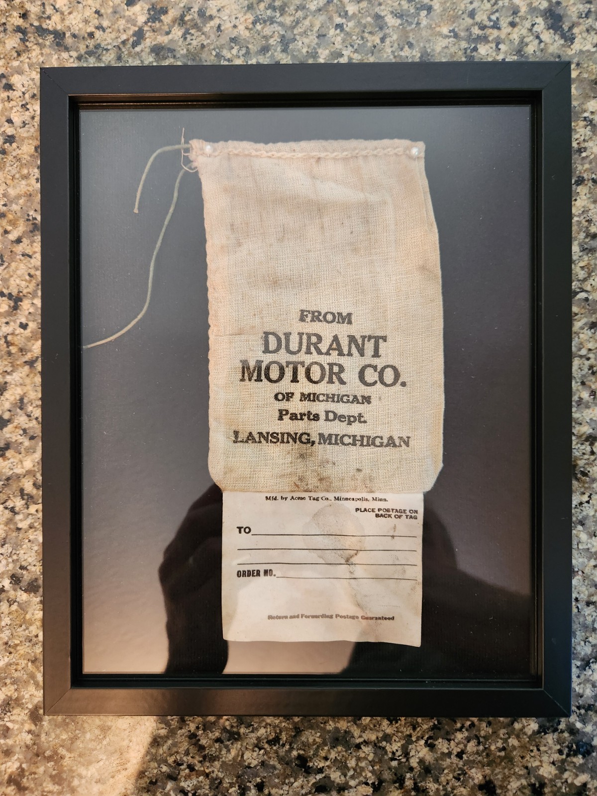 Rare Vtg ORIGINAL Durant Motor Co. 1921 - 1931 Parts Dept Shipping Bag FRAMED