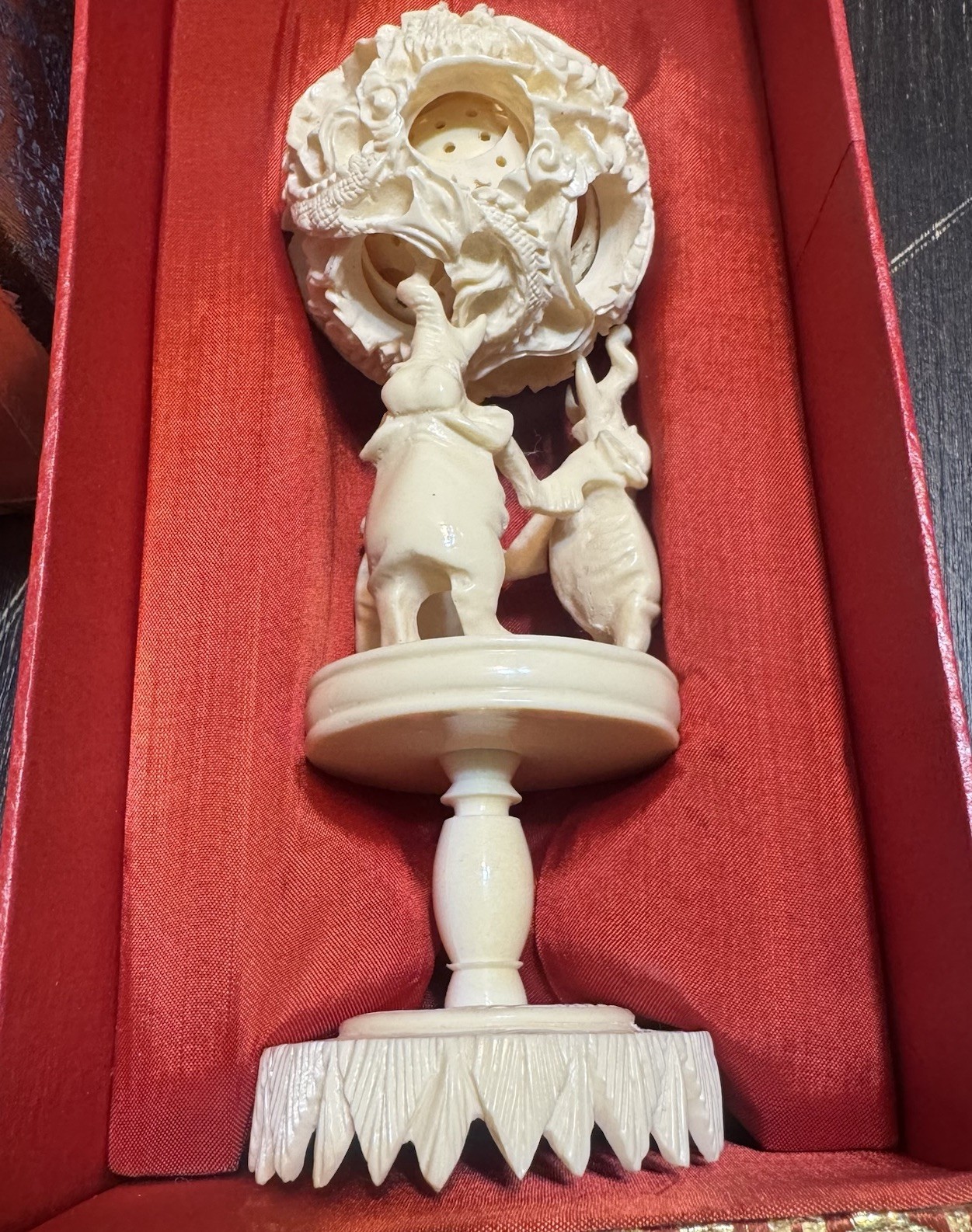 Chinese Carved Layers Dragon & Elephant Puzzle Ball w stand base & Case