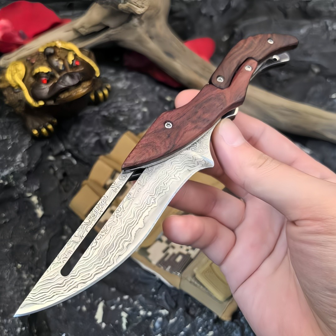 Mechanical Folding Knife Damascus Pattern Handmade Mini Outdoor Survival Knife