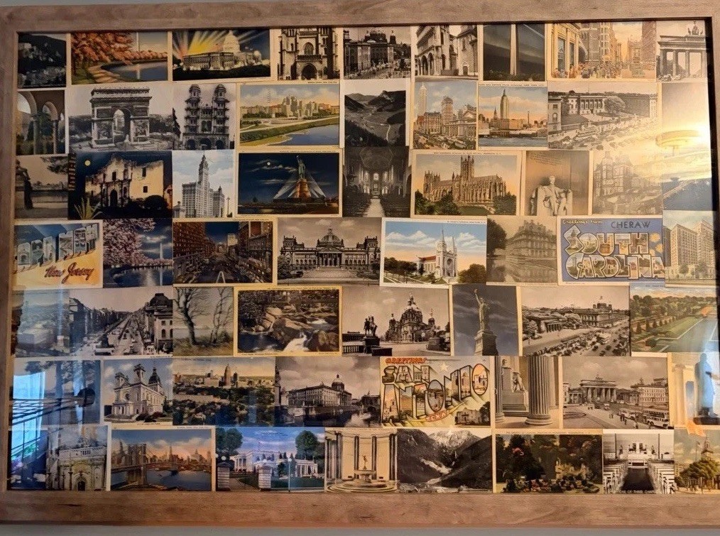 Framed collage of vintage postcards postmarked 1941-1948