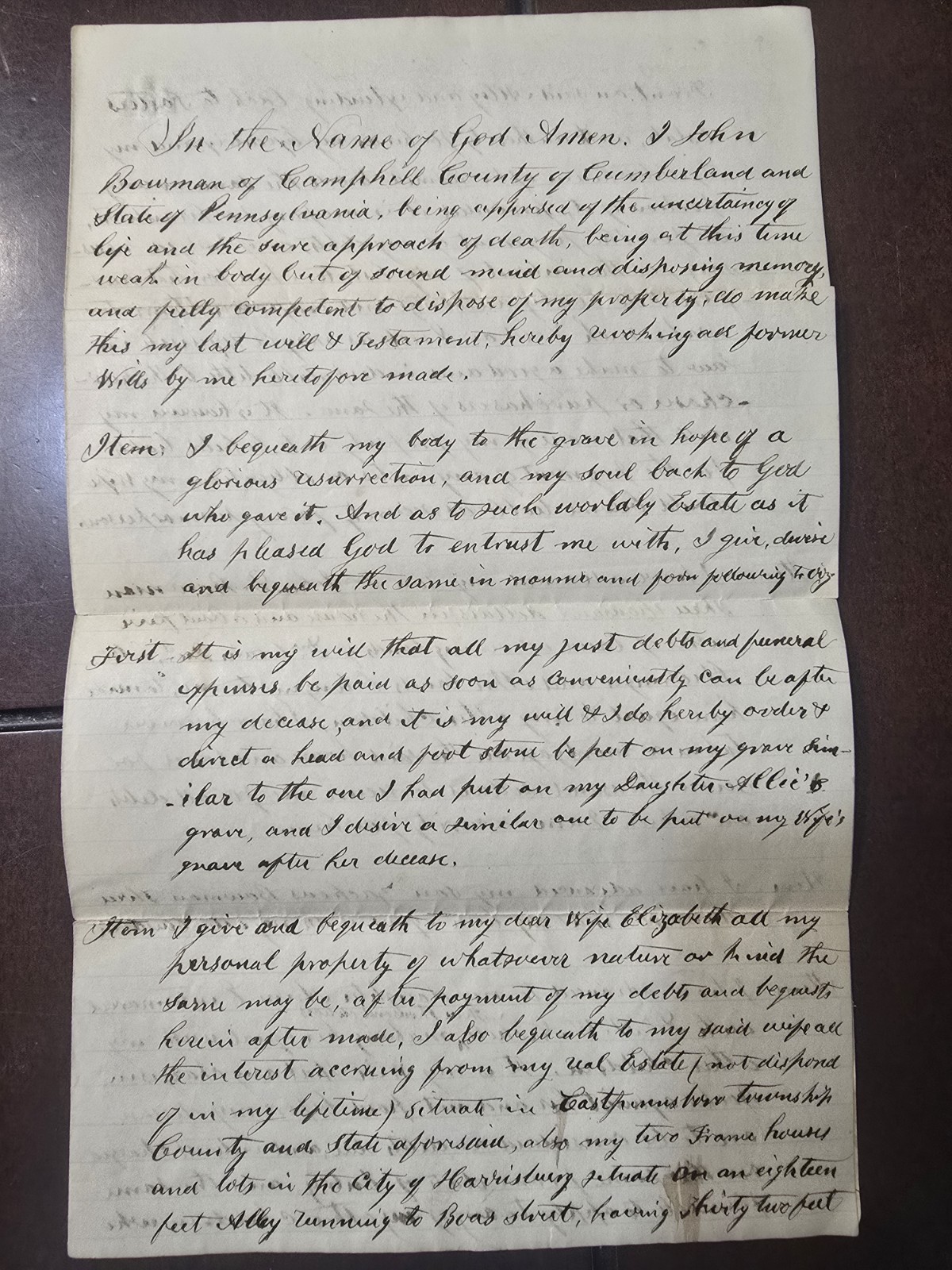 Original Last Will And Testament For John Bowman Ephrata Cloister VERY RARE