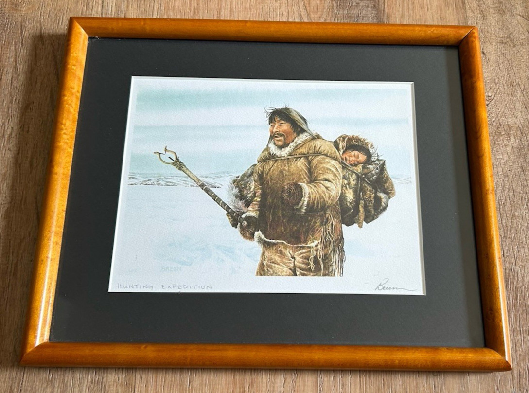 Breen Bergstrome Hunting Expedition Teak Frame Canadian Signed Inuit Art Print