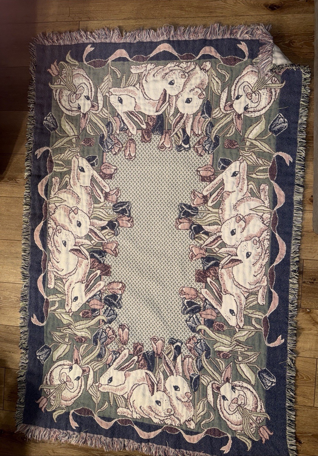 MWW 1992  Easter Bunny Rabbits Foam Green Blue Floral Tapestry Cotton Throw