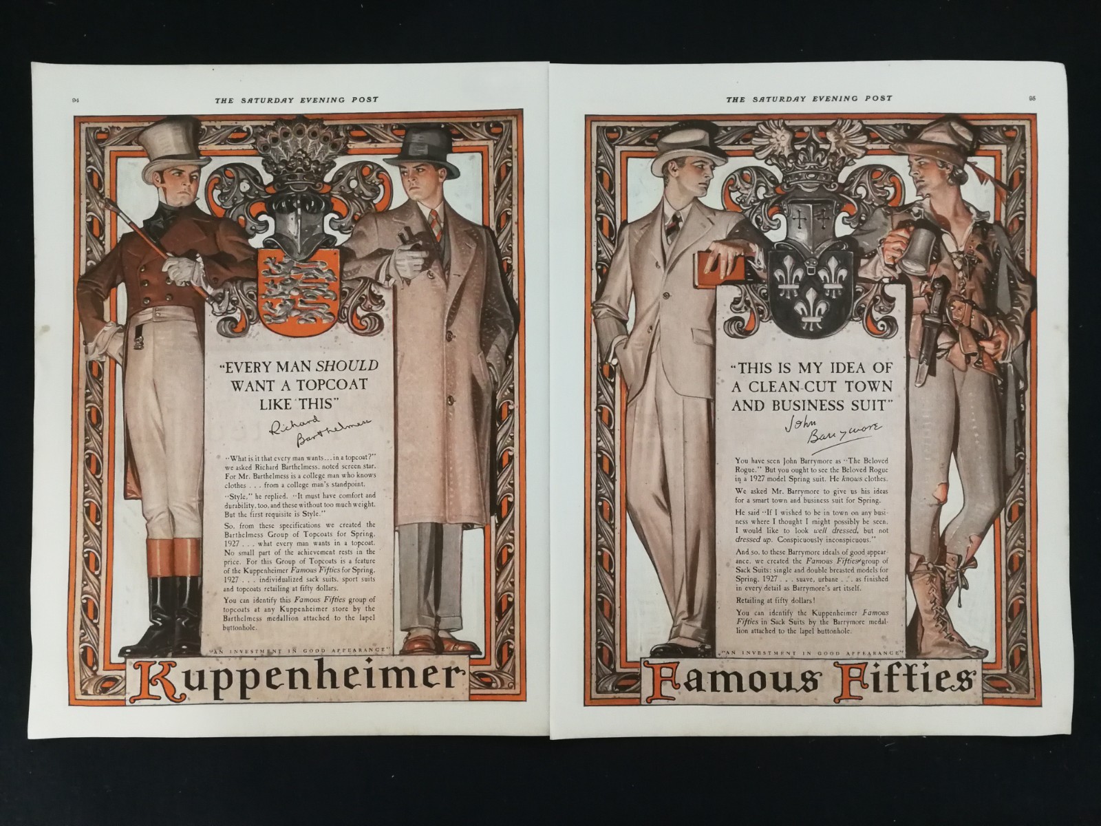 Vintage 1927  Kuppenheimer Famous Fifties J.C. Leyendecker  Two Page Original Ad