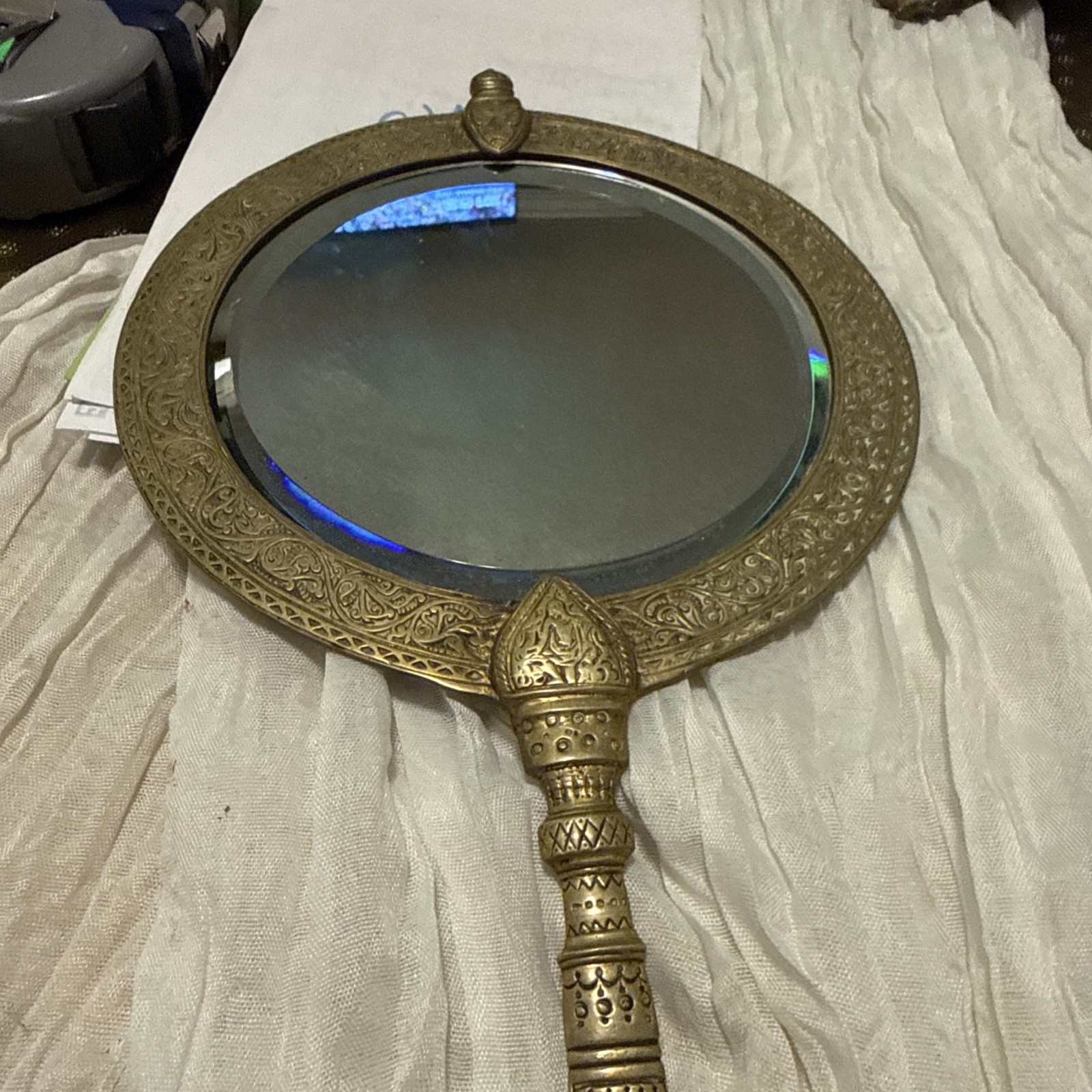 Antique TIFFANY ALHAMBRA Gilt Bronze Vanity Hand Mirror  c. 1915