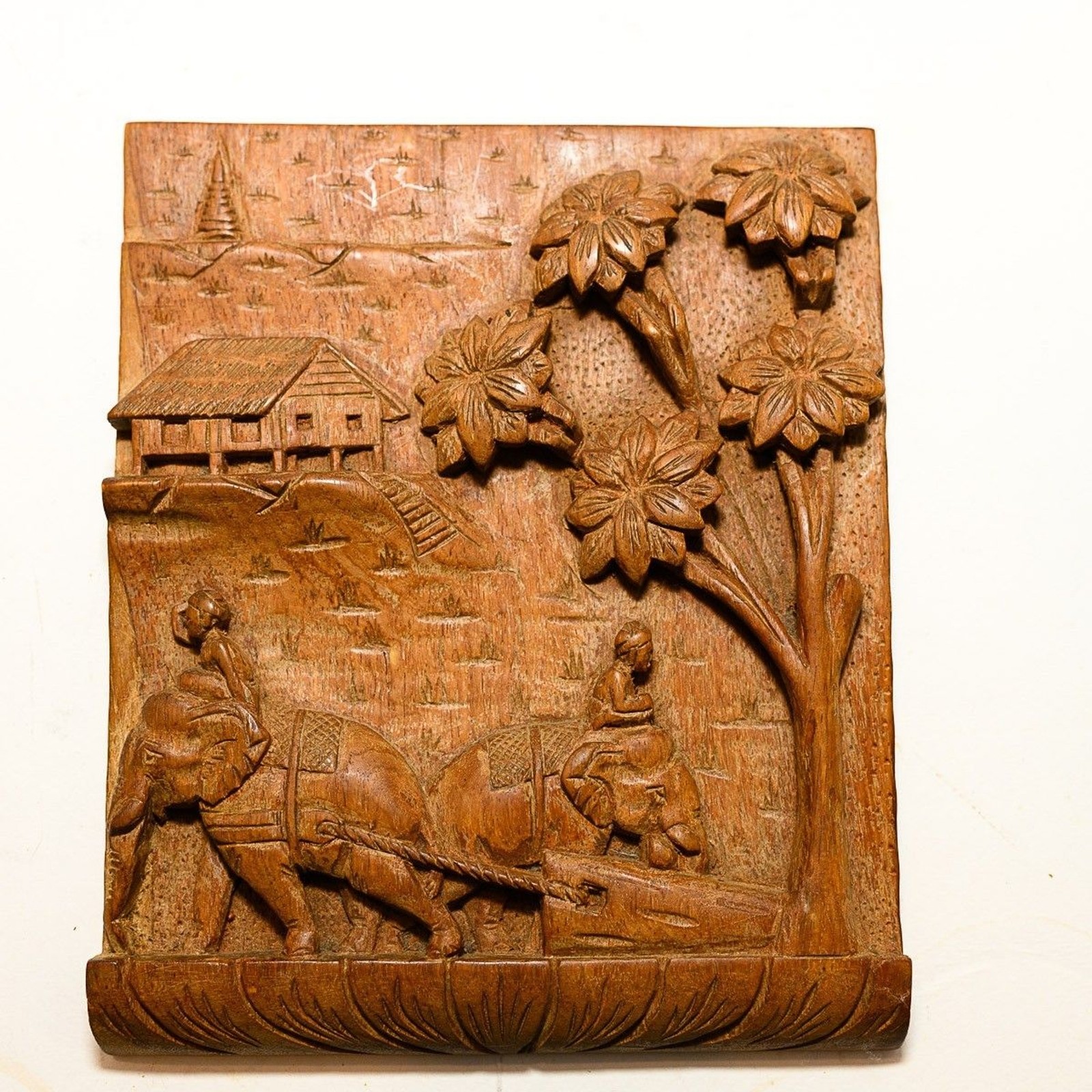 Hand Carved Wood plaque relief rural scene elephants