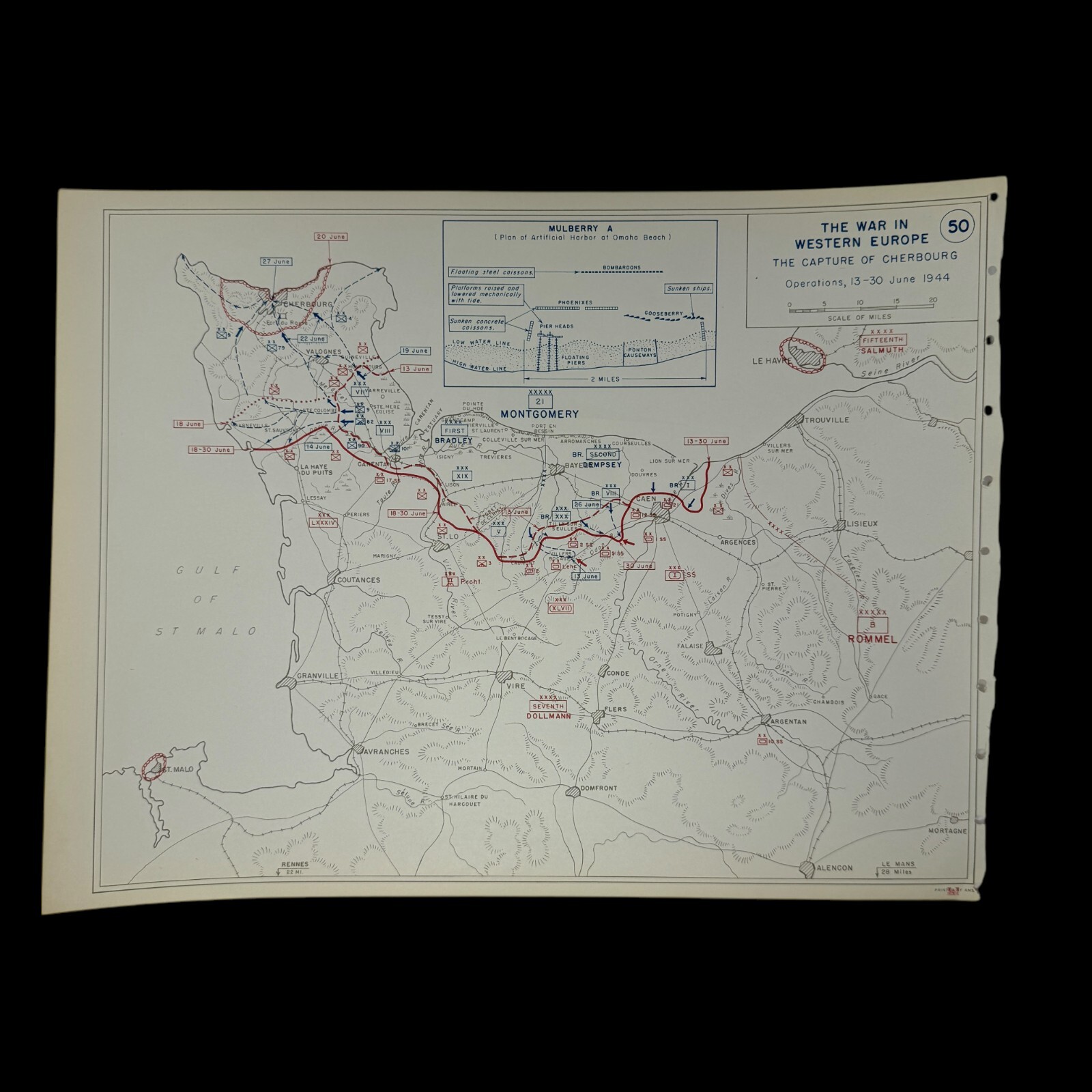 Original 1953 U.S. Military Academy West Point WWII 1944 Cherbourg Normandy Map