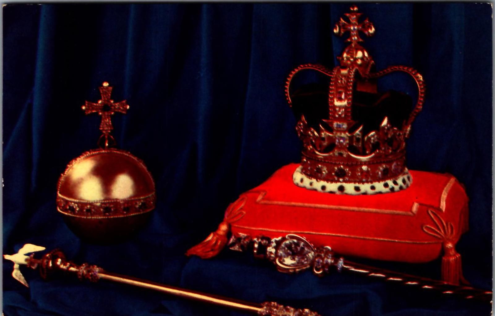 Vintage Coronation Regalia Postcard St. Edward's Crown, Royal Orb, and Sceptre