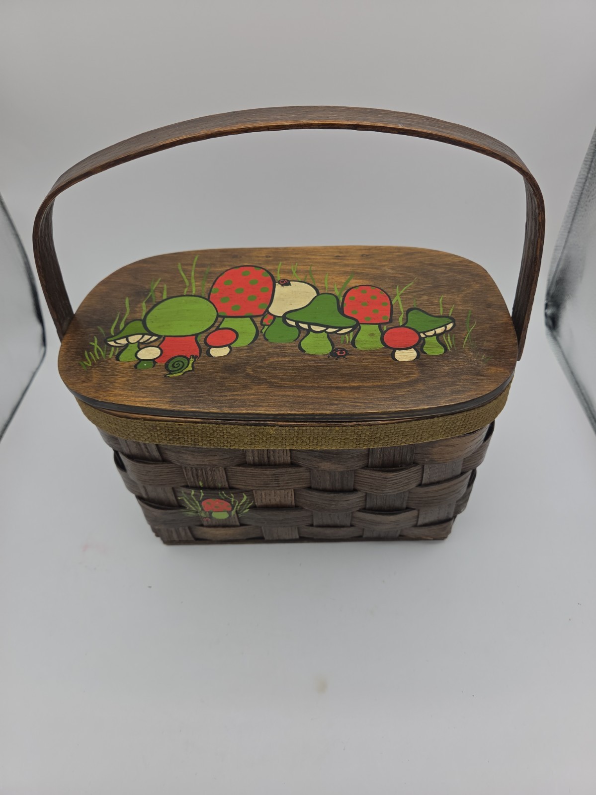 Vintage Basketville Wood Painted Basket Purse Lined Vermont Mushrooms 1970s