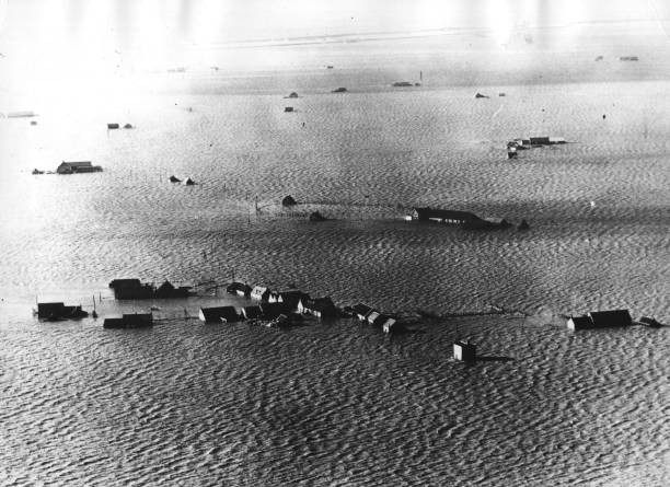An aerial view of island of Schouwen under water during floods in - Old Photo
