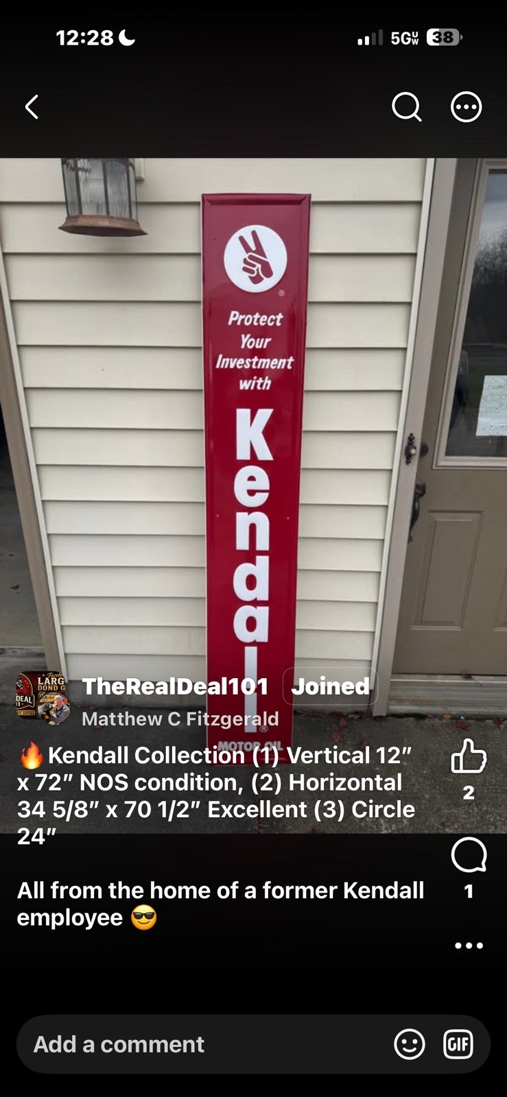 Vintage Kendall Vertical Metal  “Protect Your Investment With Kendall Motor Oil”