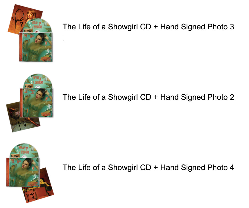 TAYLOR SWIFT LIFE OF A SHOWGIRL CD W/ HAND-SIGNED PHOTO 2-4 COMPLETE SET SEALED