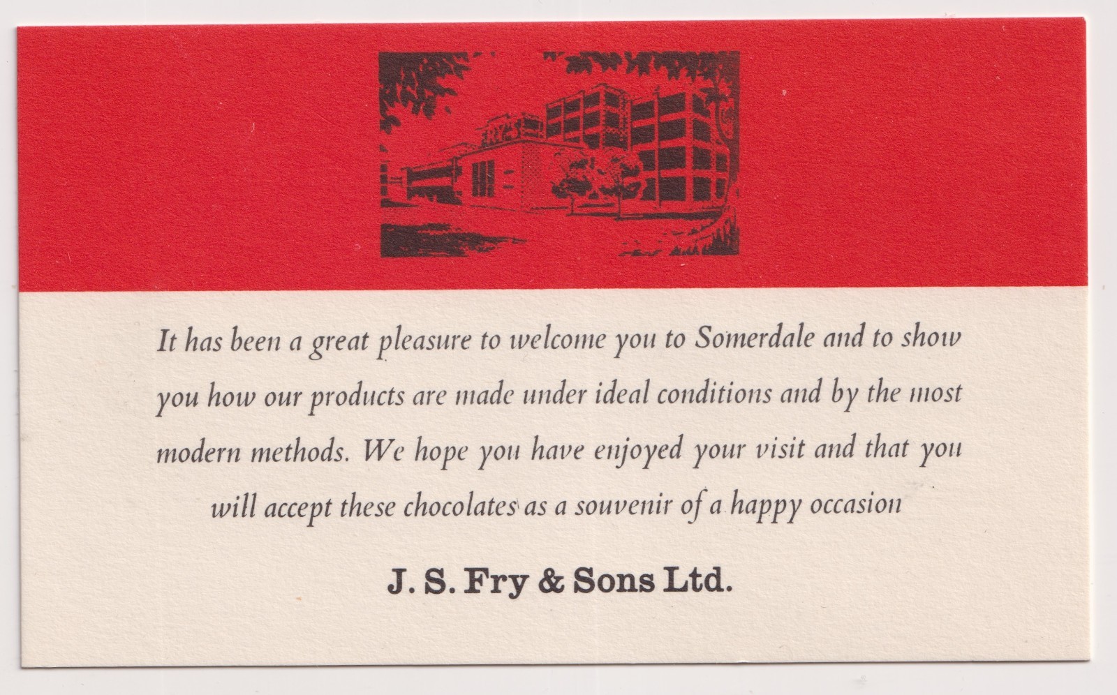 Vintage J S Fry Sons Somerdale Factory Visit Souvenir Chocolate Card
