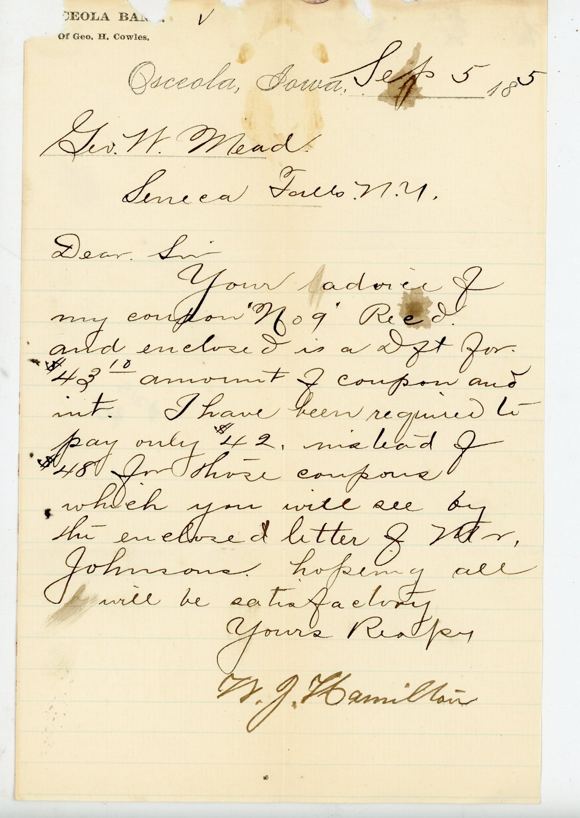 1885 Osceola Iowa Bank Letter to Geo. W. Mead Signed WJ Hamilton