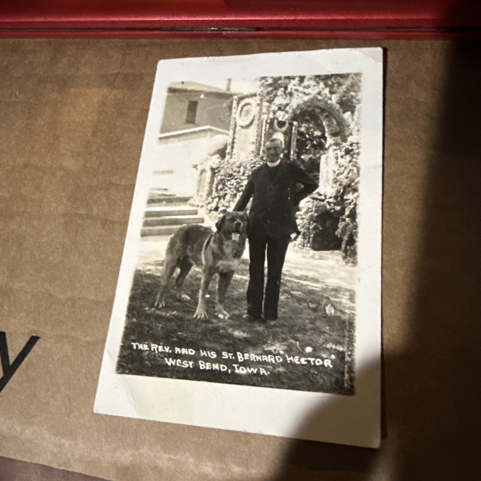 RPPC The Rev. and his St. Bernard Hector, West Bend, Iowa IA Postcard