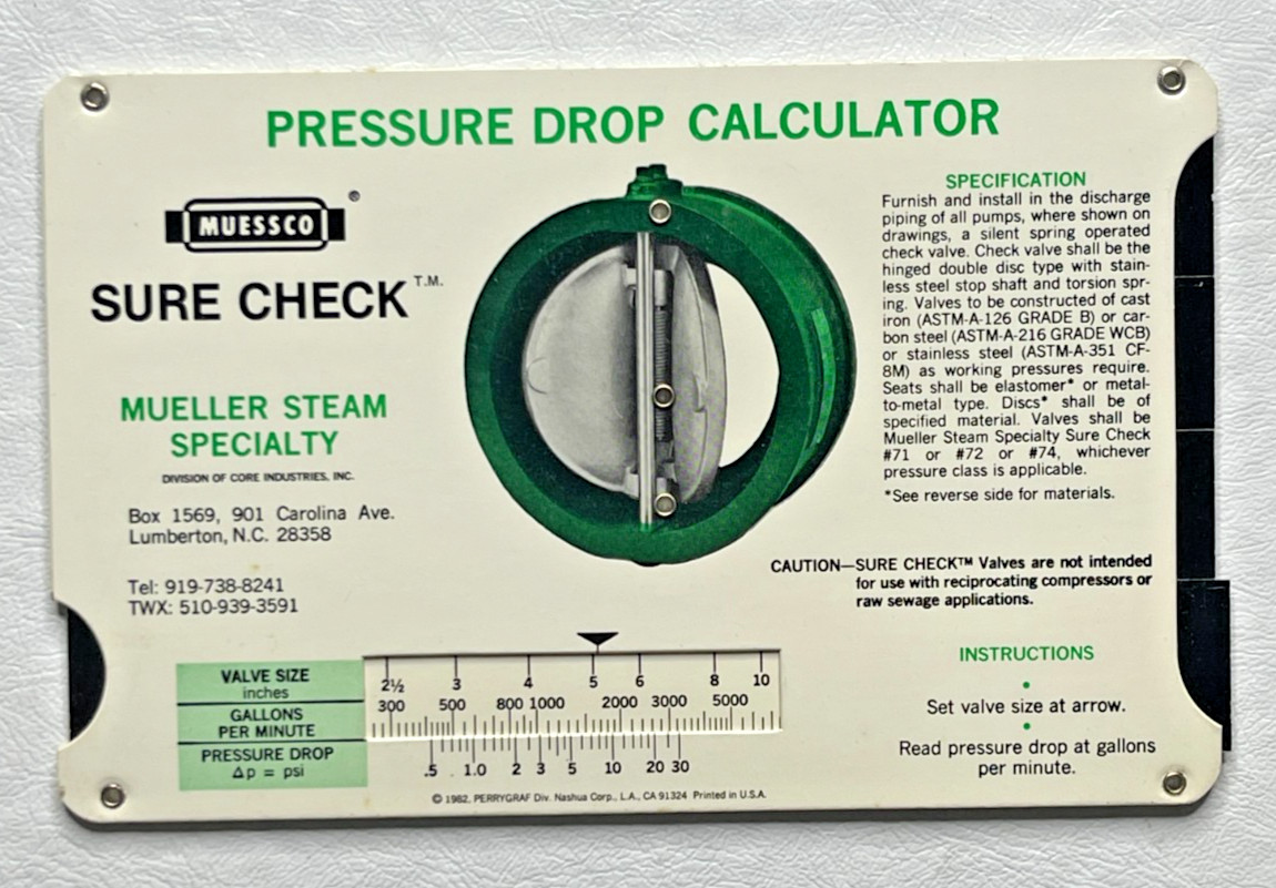 Vintage MUESSCO Sure Check Pressure Drop Calculator Mueller Steam Valve Tool