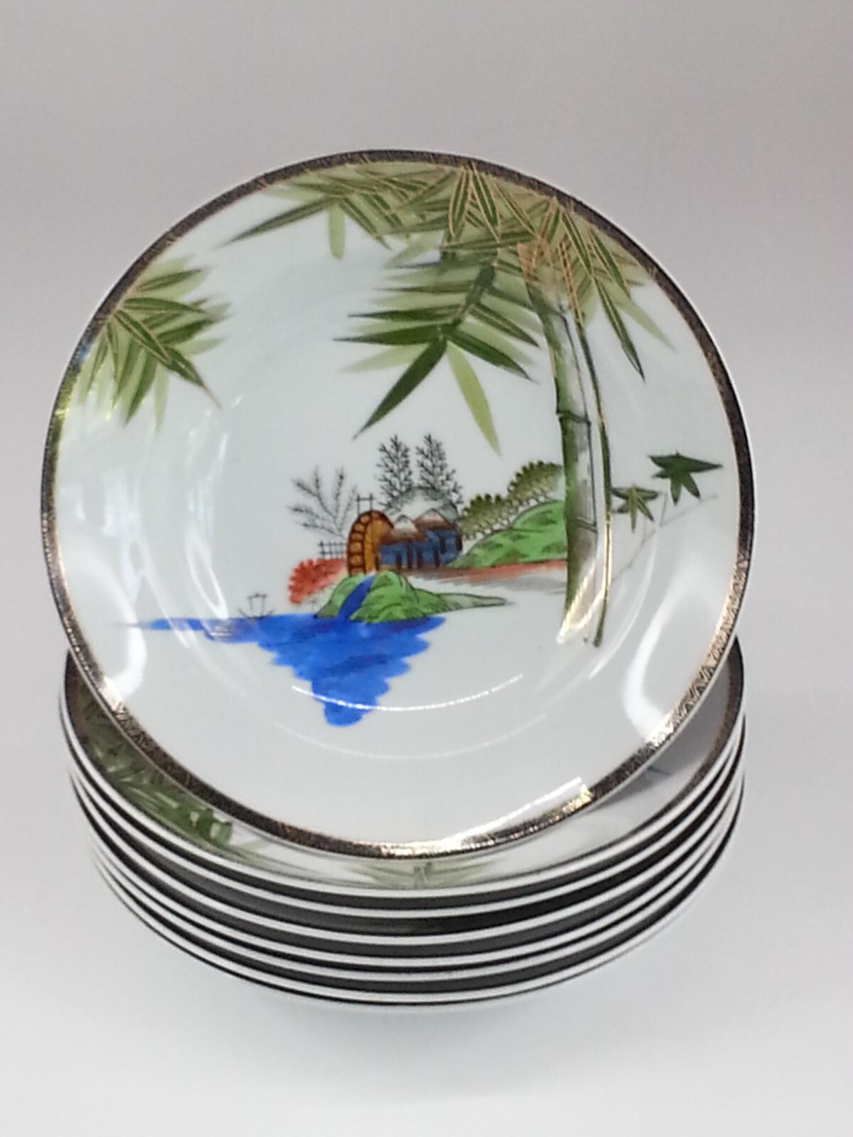 Hayasi Fine China 8pc Vintage Kutani Soup Salad Bowls Asian Scene