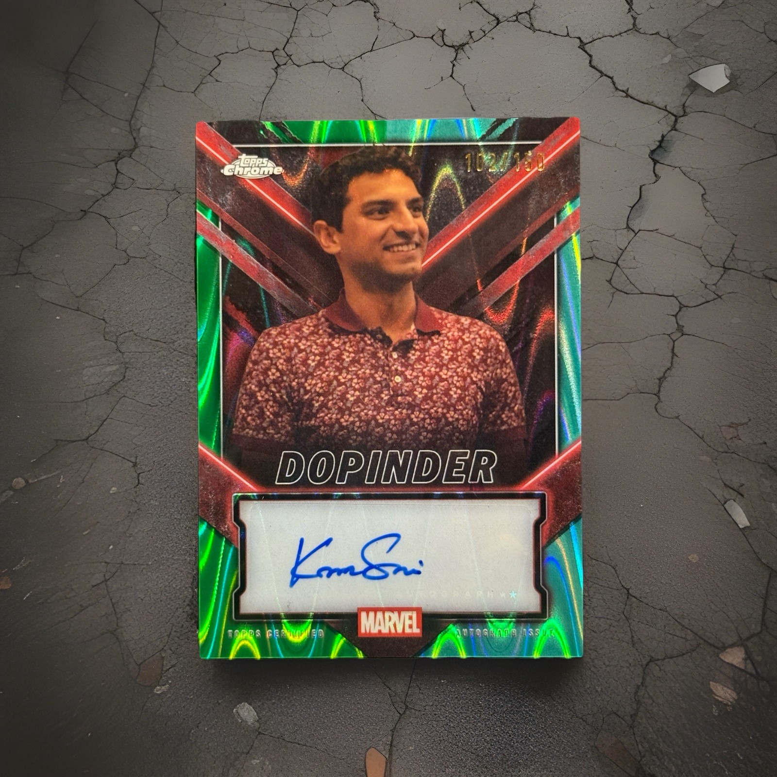 2025 Topps Chrome Deadpool Karan Soni As Dopinder Auto Green & Aqua Raywave /150