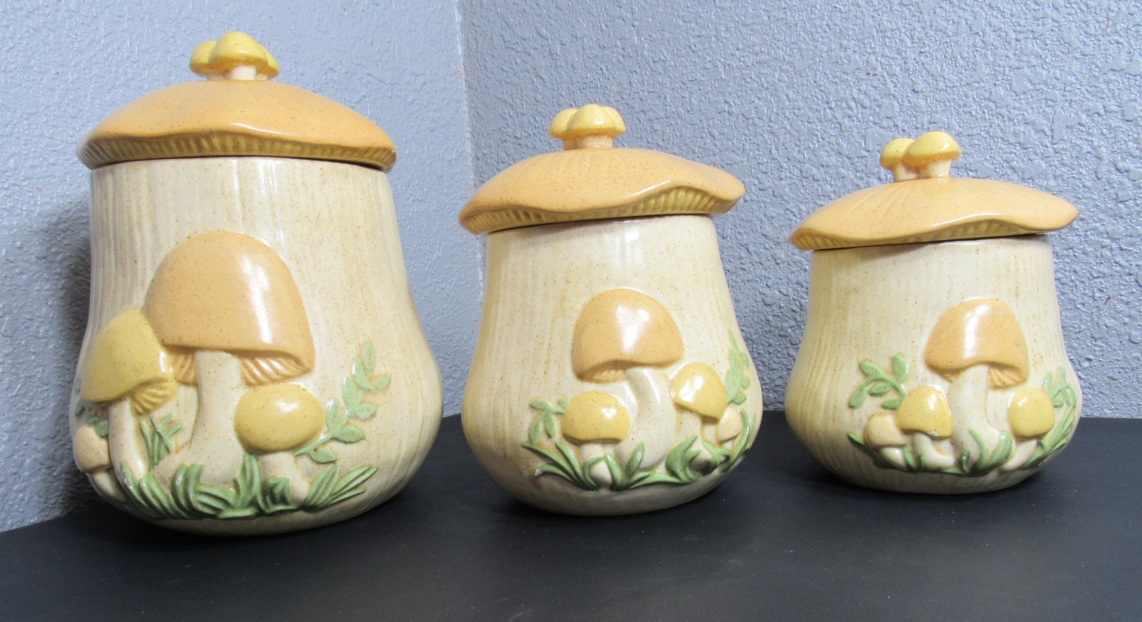 Vintage 1970's Arnels Ceramic Set of 3 Mushroom Canisters With Lids