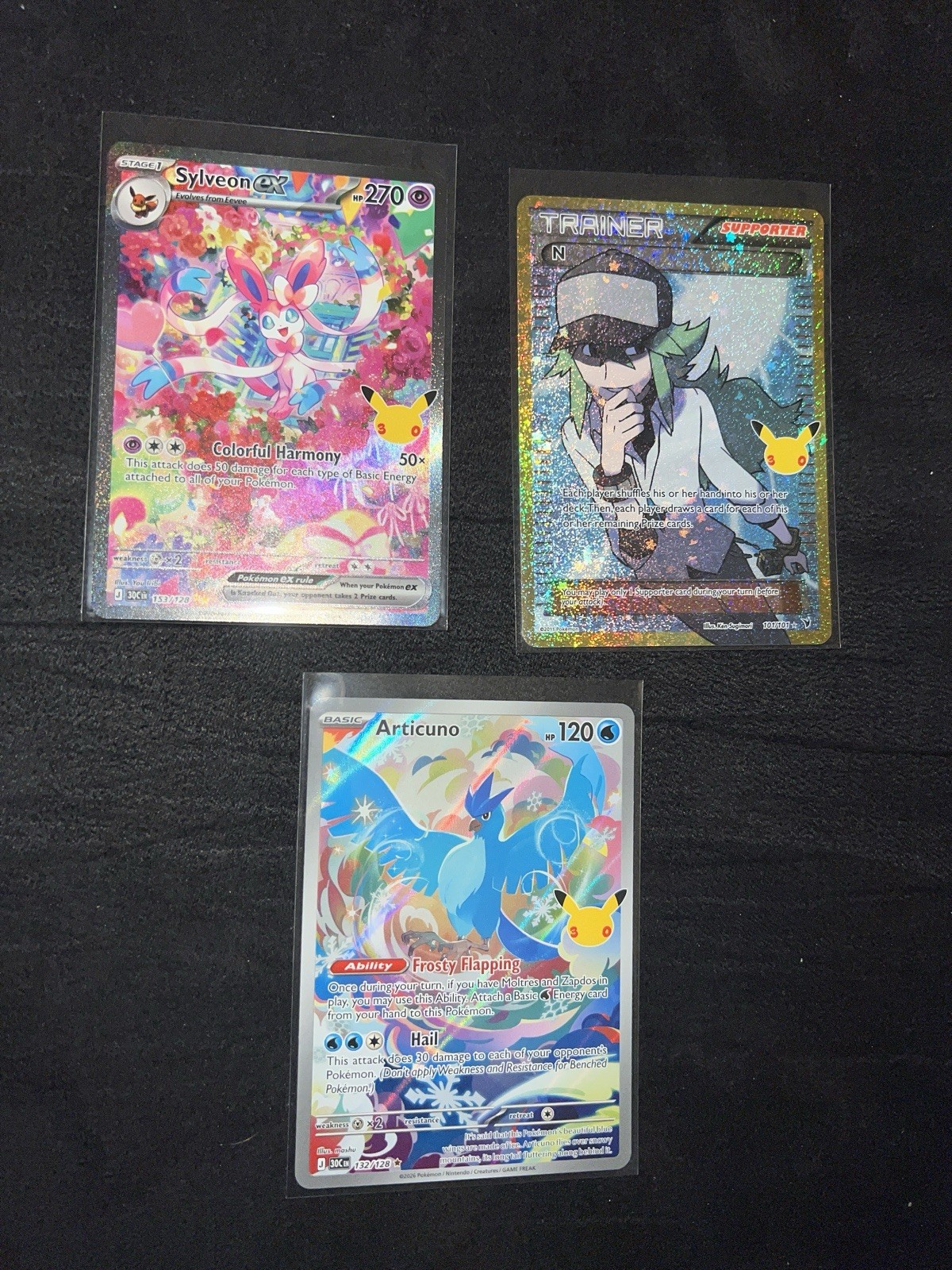 Pokemon Sylveon ex 153 three-card bundle with N Supporter 101 and Articuno 132