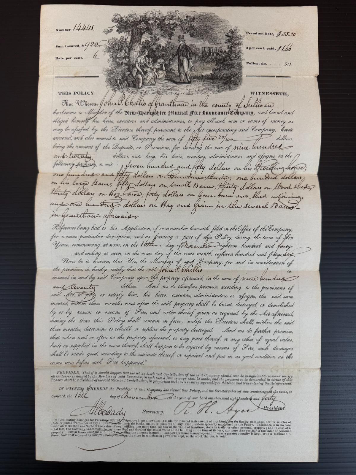 Antique 1840 New Hampshire Mutual Fire Insurance Policy Grantham NH Document