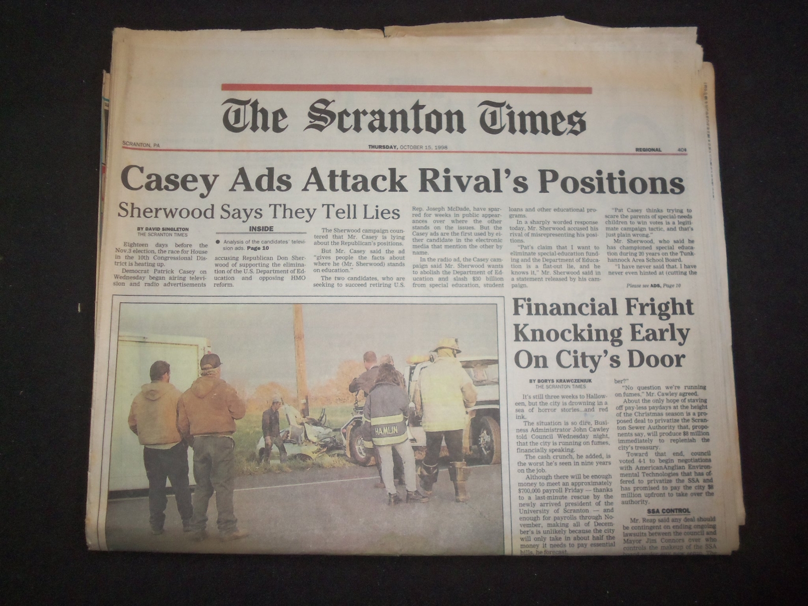 1998 OCTOBER 15 THE SCRANTON TIMES NEWSPAPER - CASEY ADS ATTACK RIVAL - NP 8385