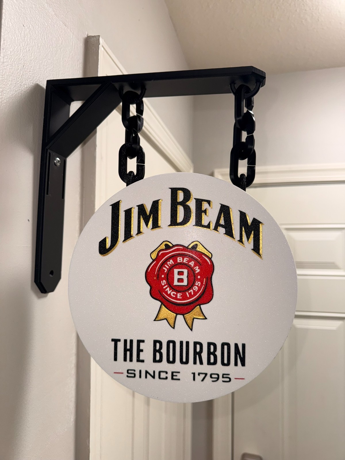 Jim Beam Bourbon 9” Double-Sided Hanging Pub Sign with Wall Mount Bracket
