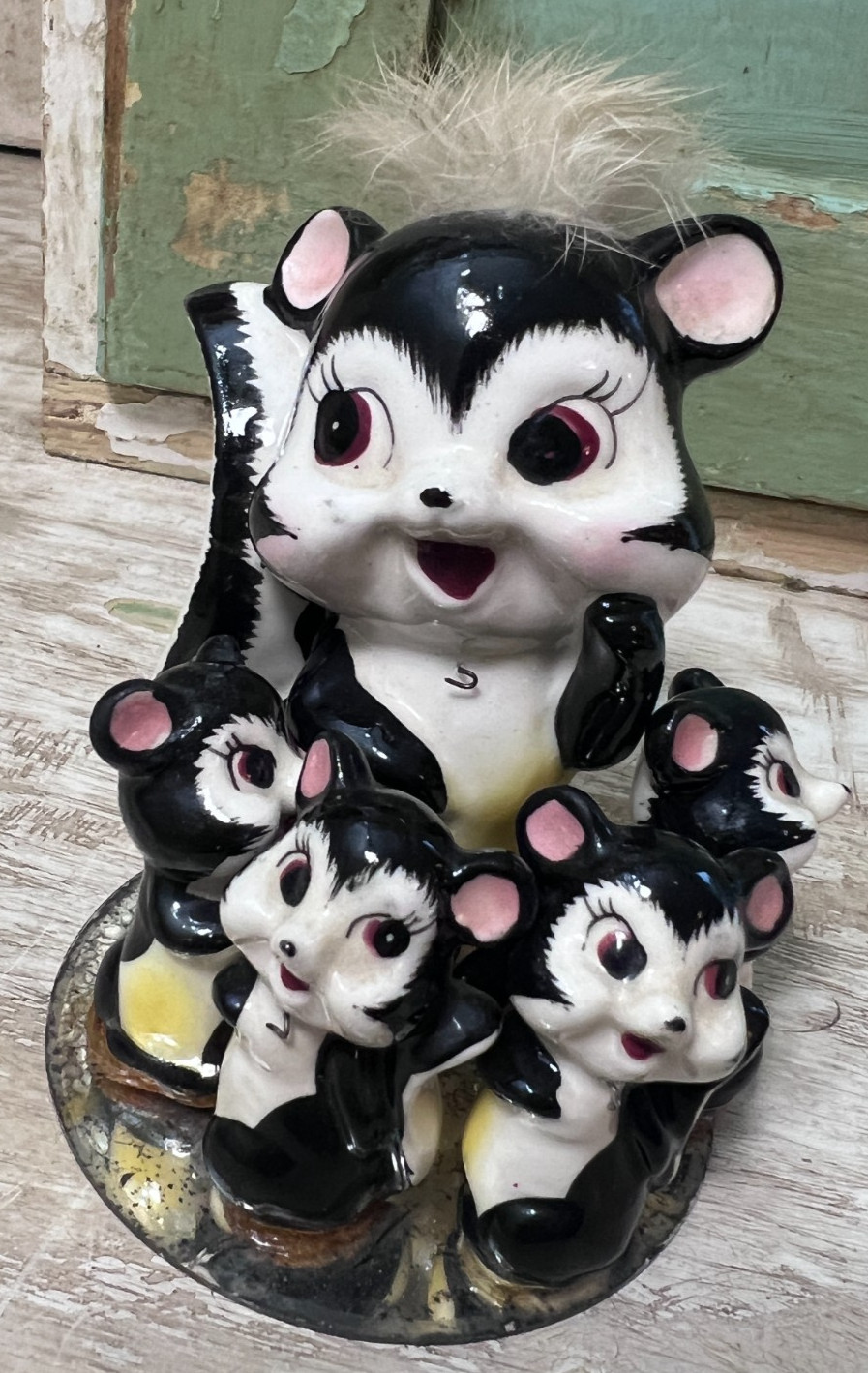 Vintage 1950s Japan Ceramic Skunk Family Figurines Set of 5 Fur Kitsch Decor