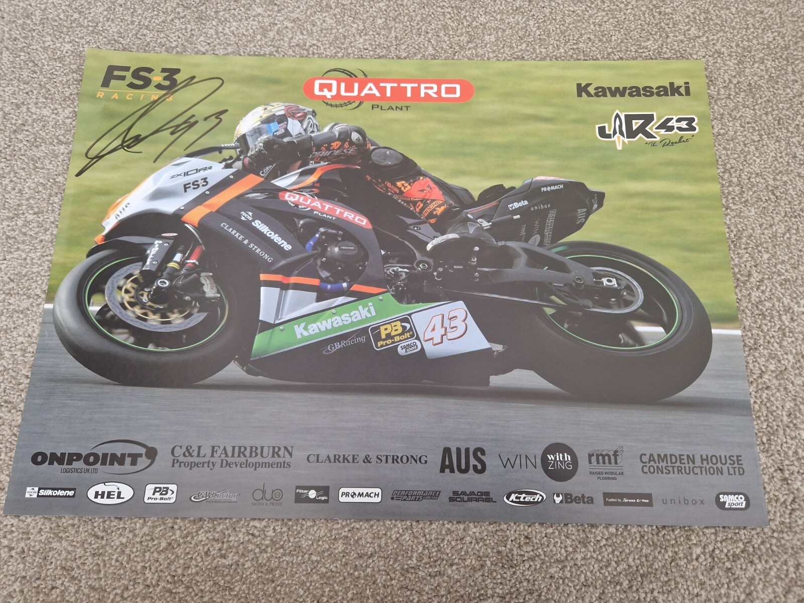 SIGNED JAMES RISPOLI KAWASAKI FS3 BRITISH SUPERBIKES MOTO GP MOTORCYCLE 17X12\