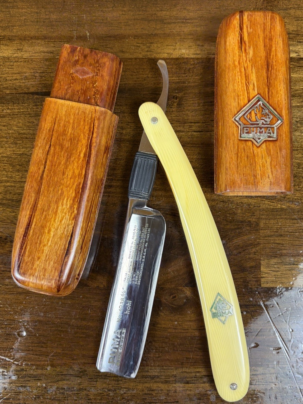 Vintage 38 PUMA Solingen Straight Razor Knife 1938 6/8 Hohl Shaving Shave Case