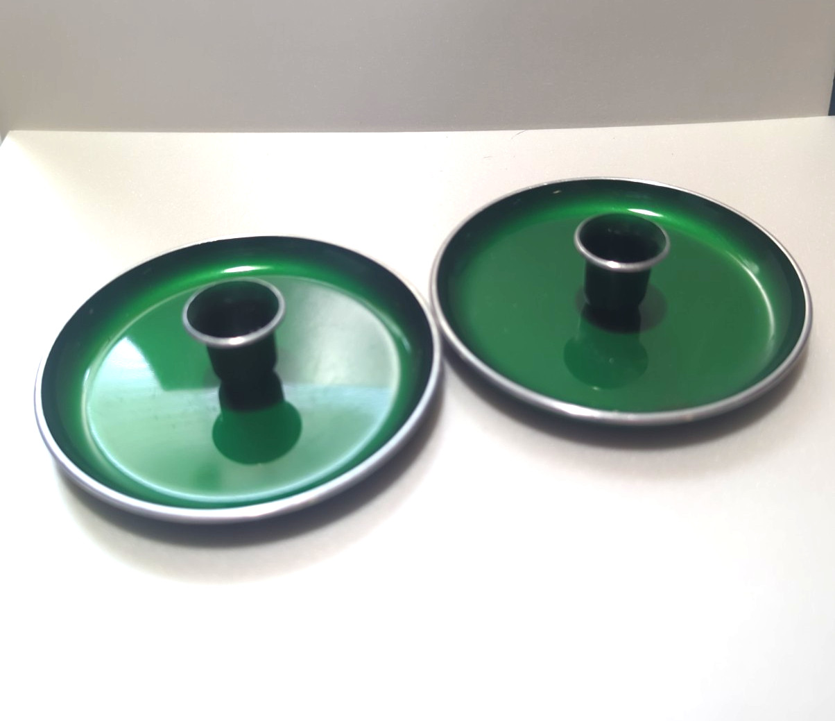 Vintage Emalox Norway Mid Century Modern Green Pair Of Candle Stick Holders