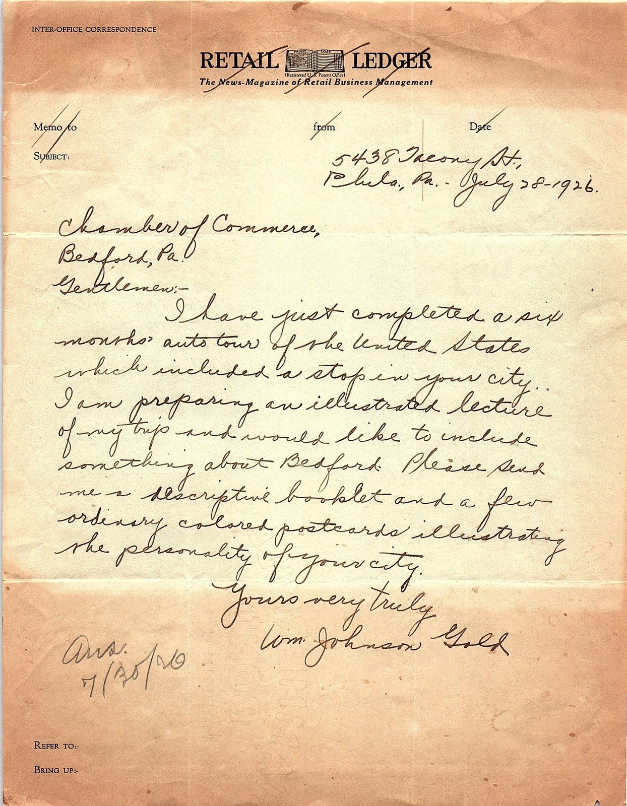 1926 Retail Ledger letter re: US auto tour/Bedford PA