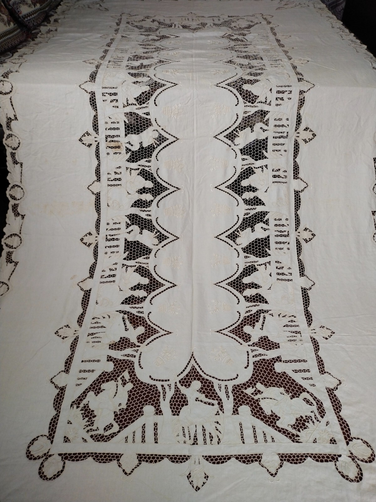 Vintage tablecloth linen lace needlework embroidered figured  high quality large