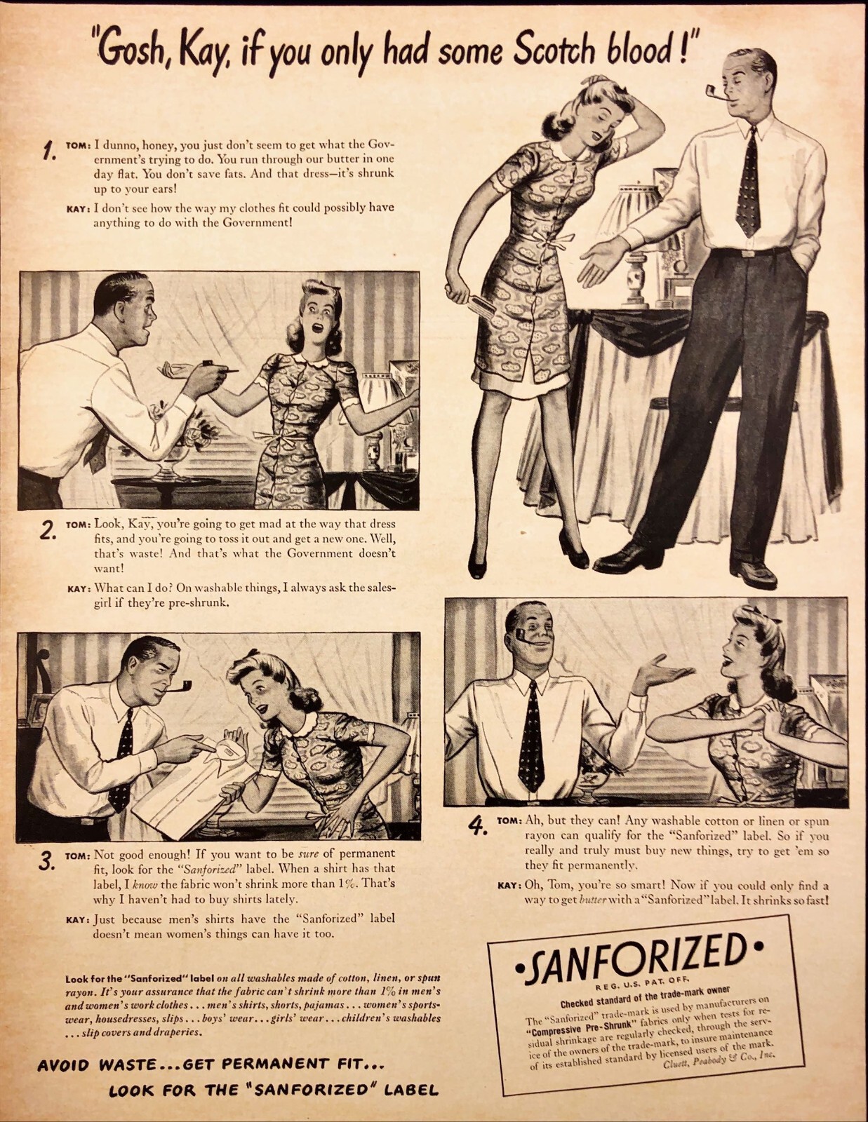 Sanforized 1943 Vintage Print Ad Original Magazine Clothing Shrinkage 12.75x10\