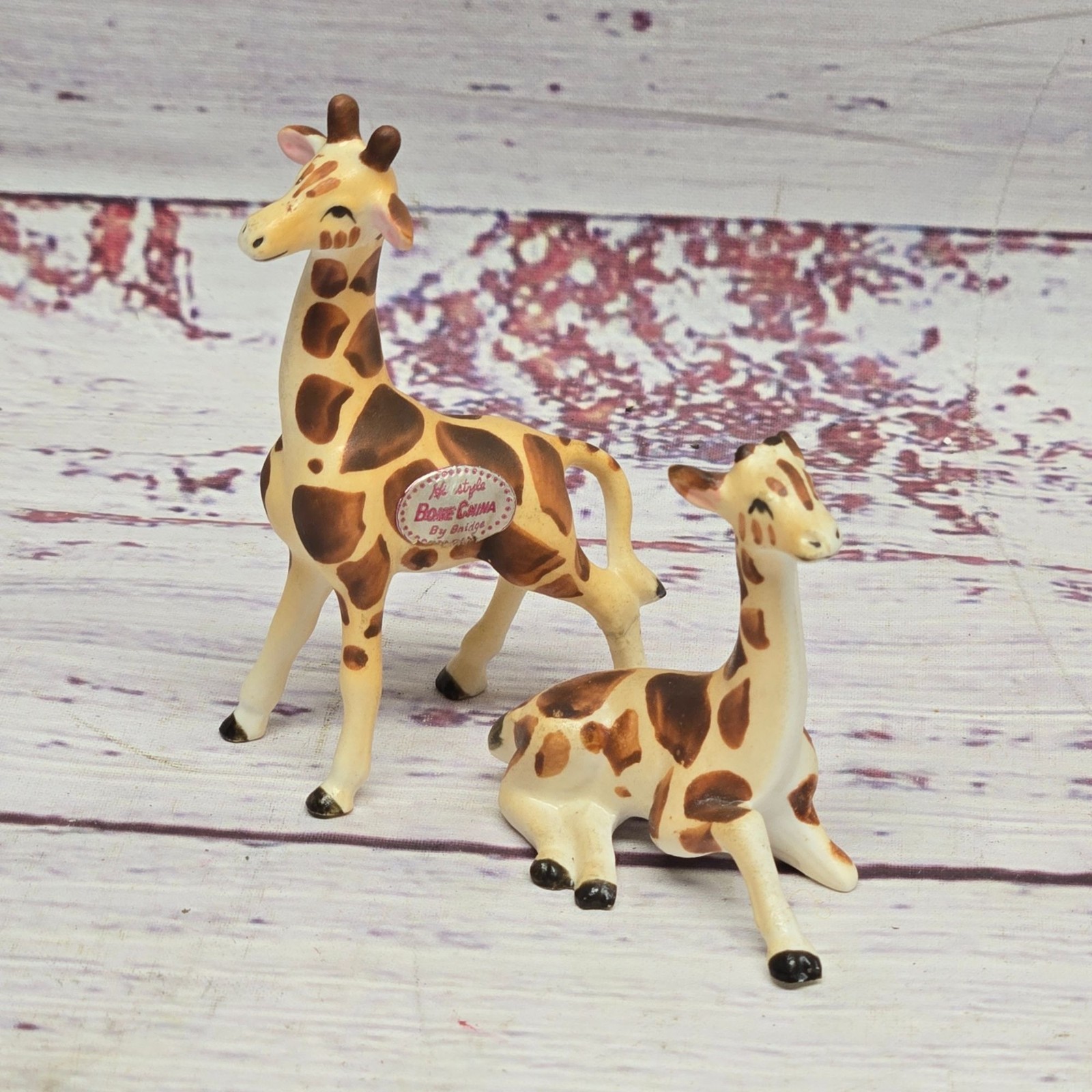 Vintage MCM Bone China Giraffe Mom & baby Figurines Hi Style Bridge Japan Animal