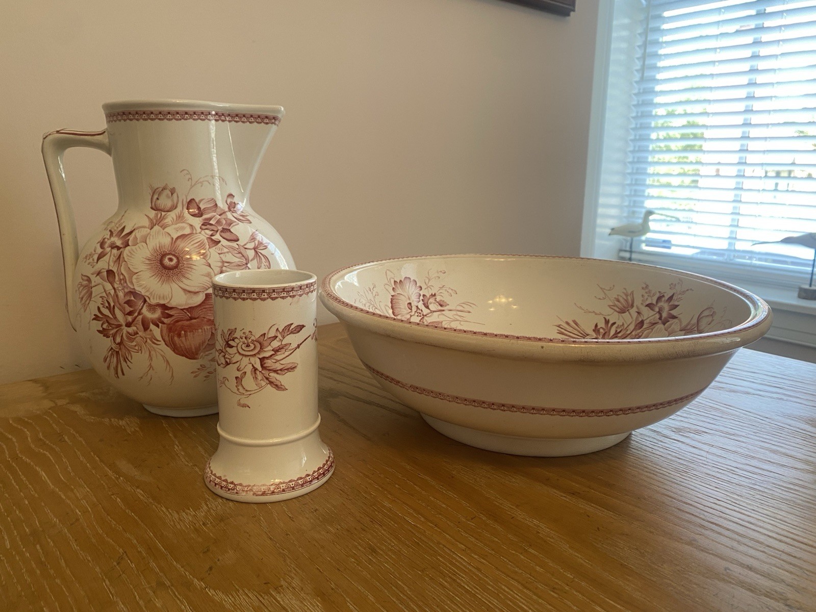 Antique Victorian Red Transferware 3-Pc Washstand Set Pitcher Basin Toothbrush