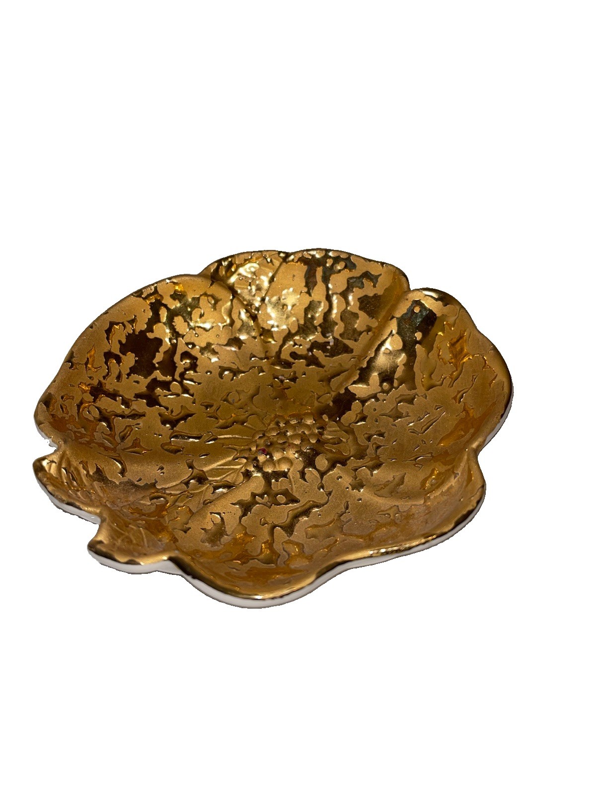 Vintage Weeping Bright Gold Bowl 22 Kt USA Scalloped Rim Footed 