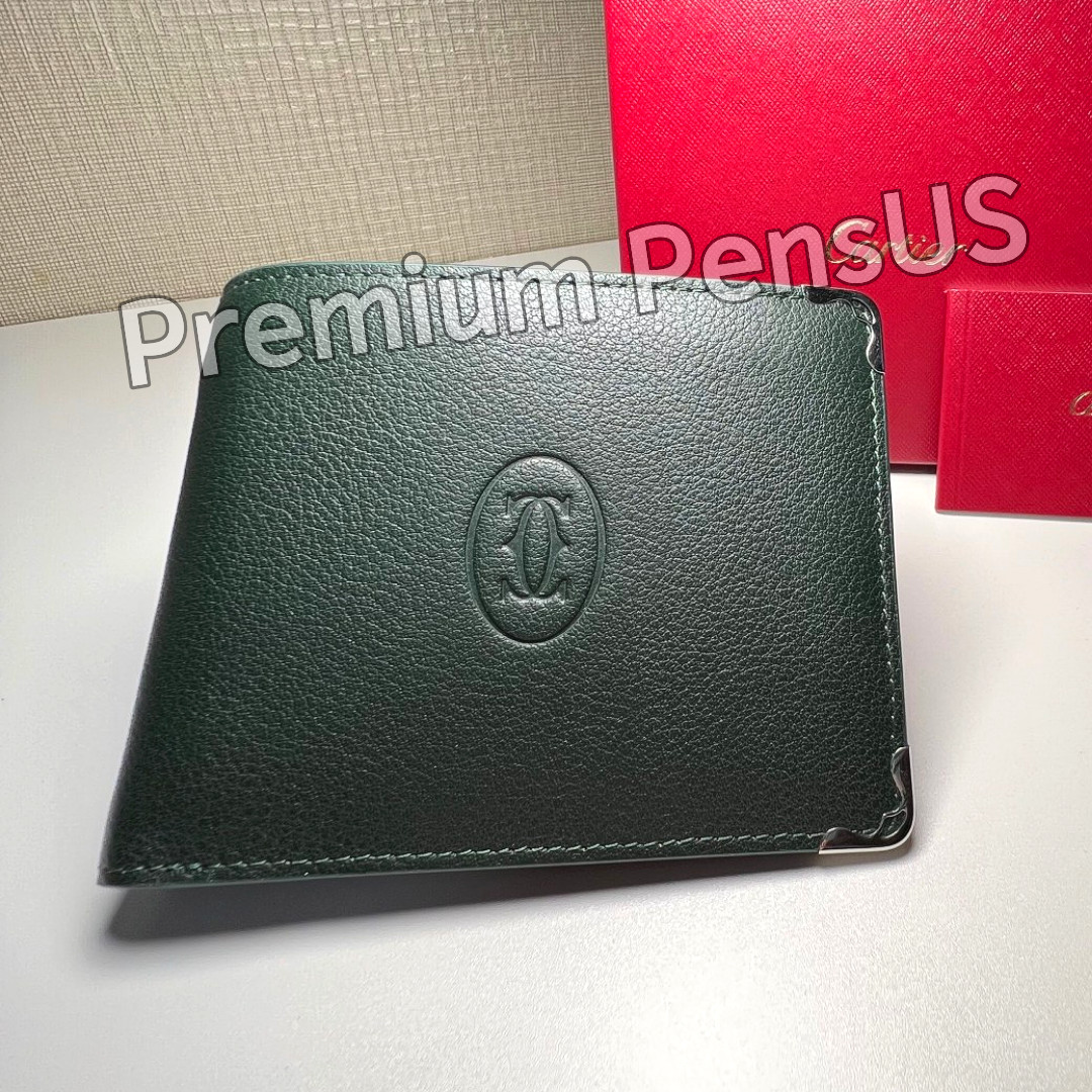 CARTIER Green Leather Bifold Wallet Silver Corner Accent Luxury Vintage