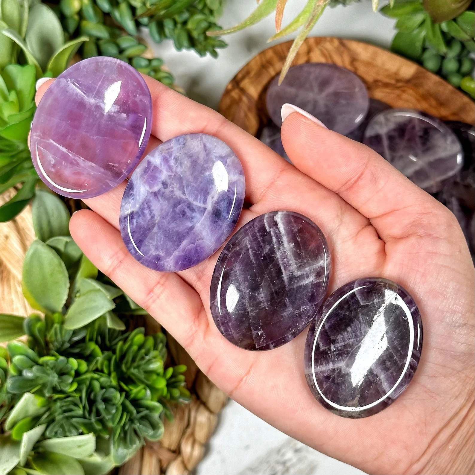 Natural Amethyst Palm Worry Stone Oval Polished Healing Crystal Pocket Stone