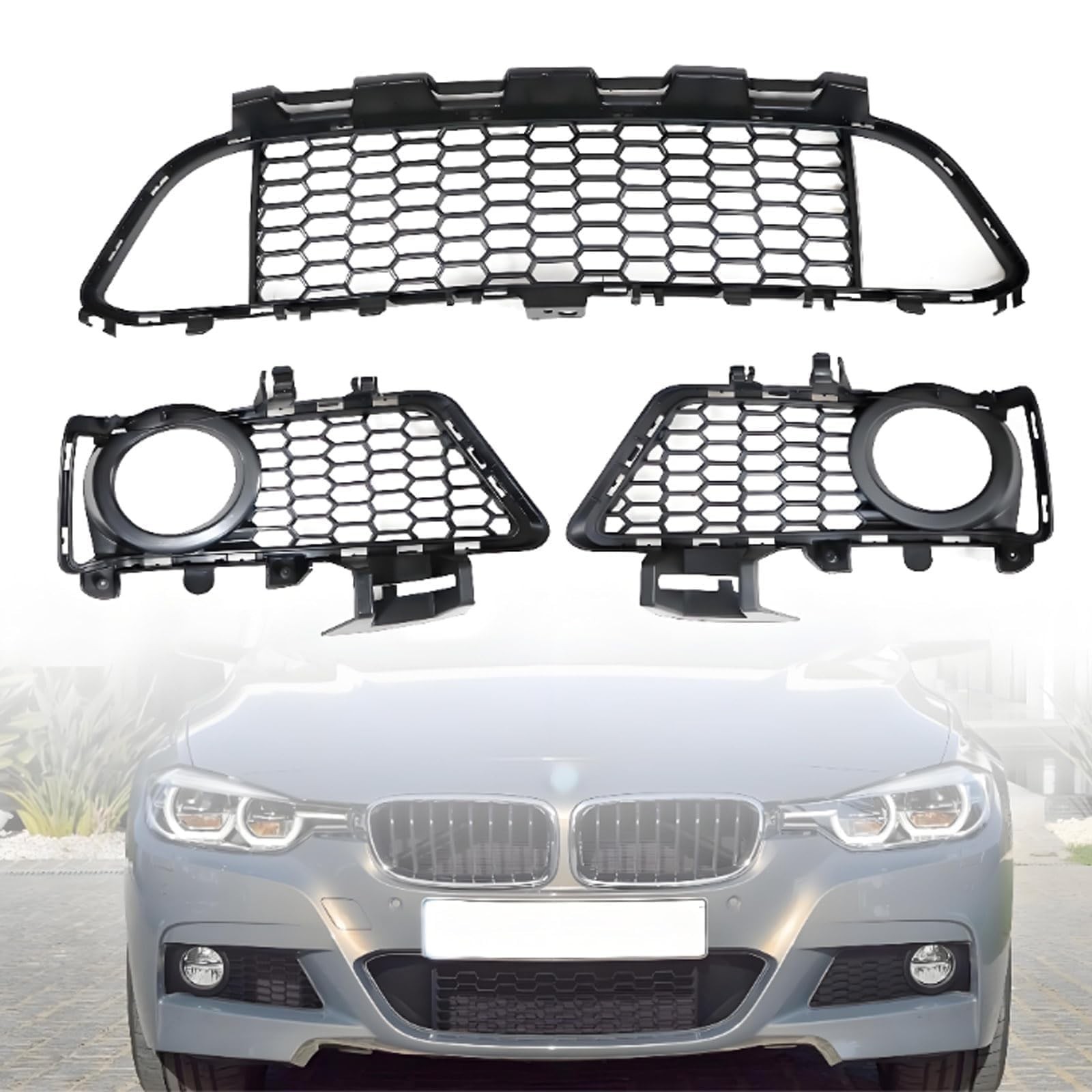3PCS Lower Bumper Grille Front Left & Right & Center Compatible with BMW 3 Se...