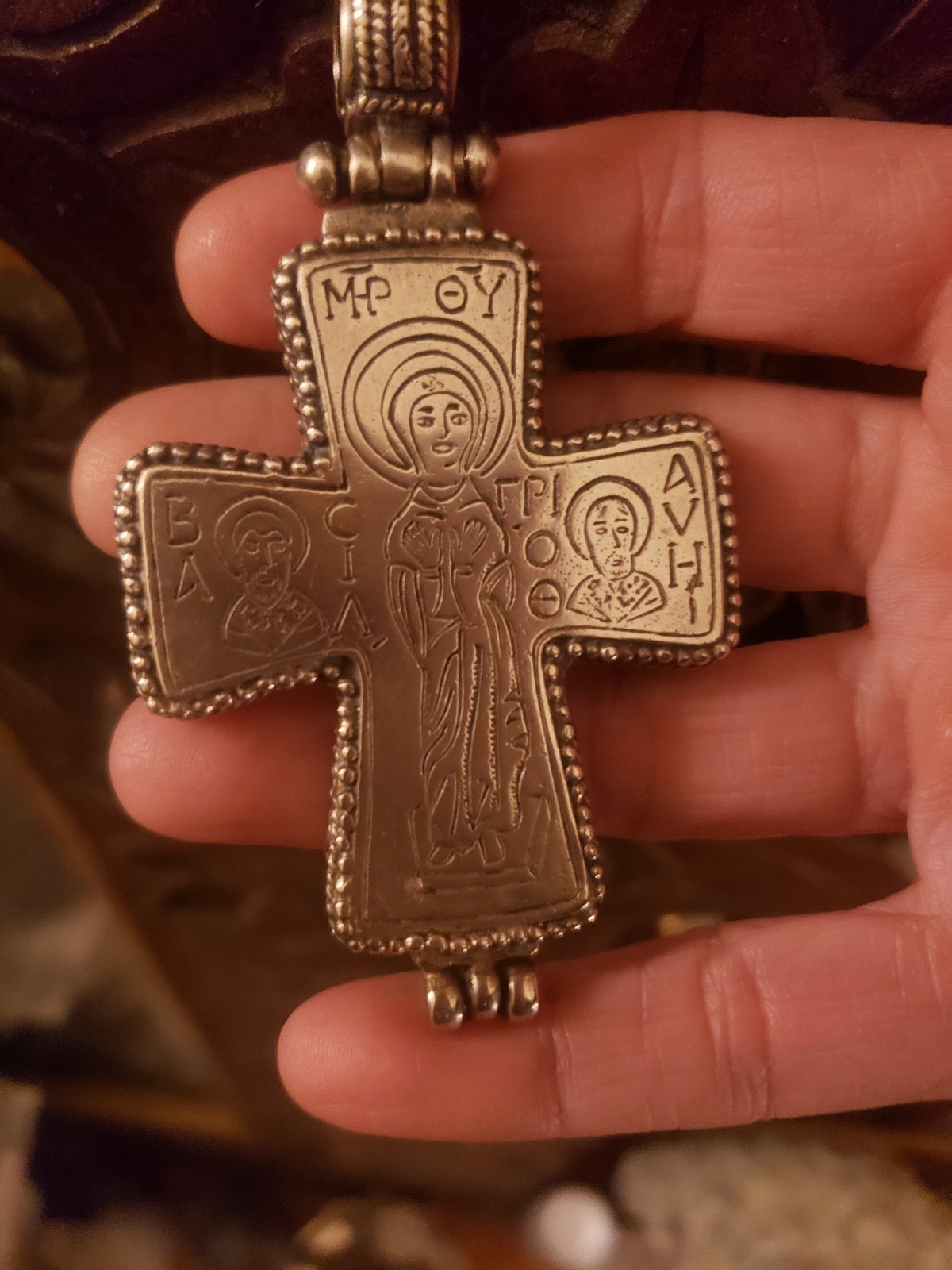 HUGE GREEK STERLING CROSS Pendant  FABULOUS DETAILED MOTHER OF GOD CROSS SAINTS 