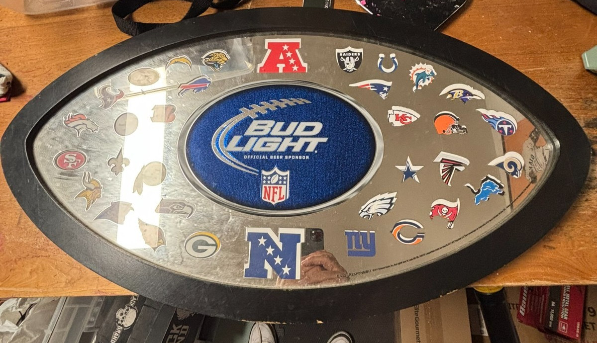 BUD LIGHT NFL OVAL MIRROR SIGN 32 TEAM HELMET LOGOS FRAMED 33x18 2011 Edition